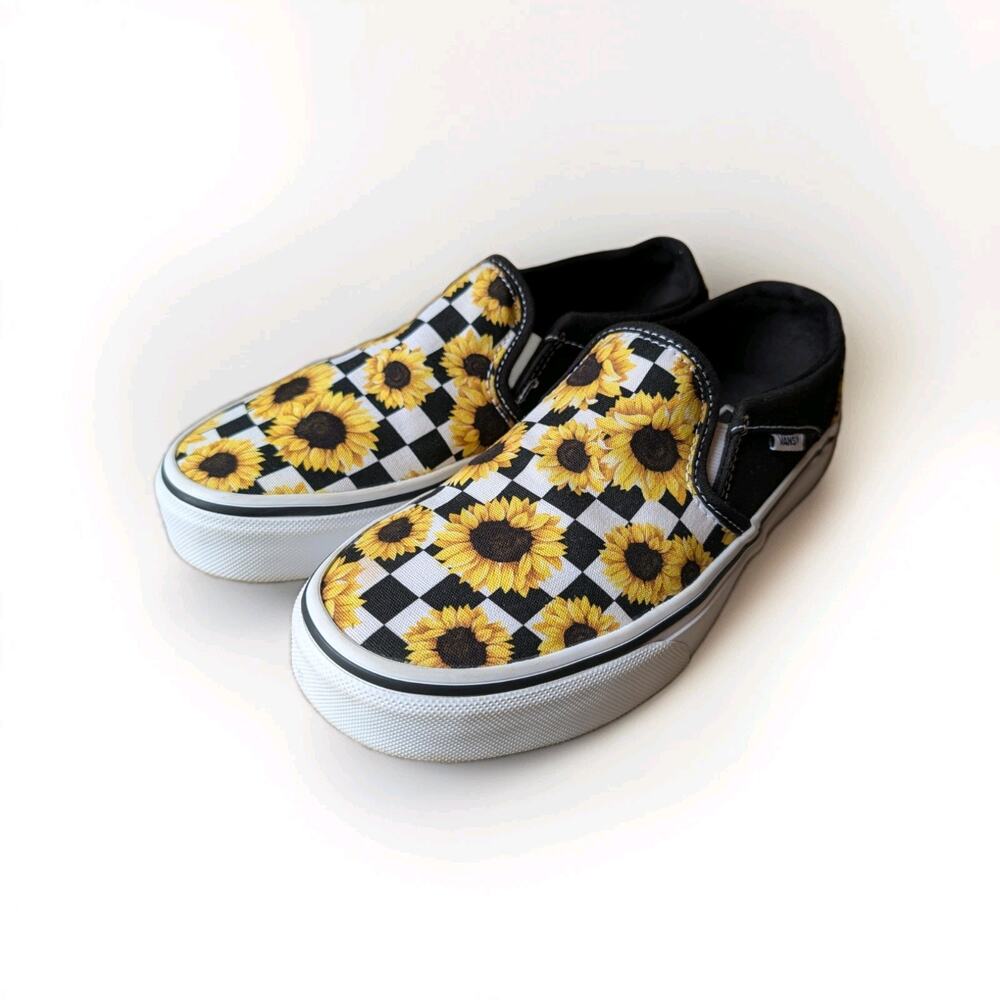 Vans Asher Sunflower Checkerboard Slip-On Shoes Womens 6.5 Black & Yellow Casual